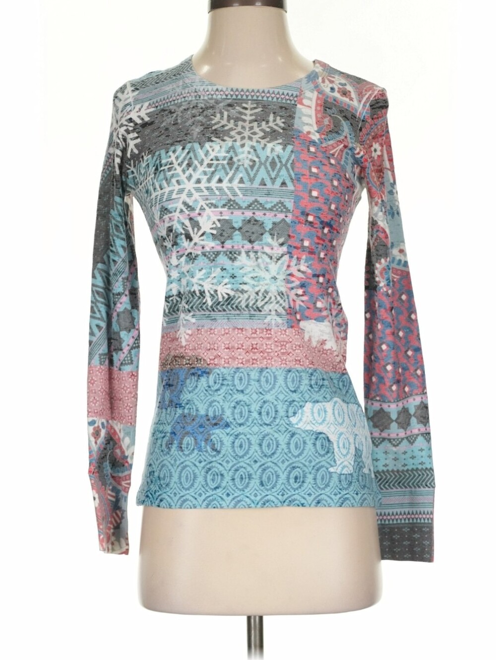 Whimsy Rose Patterned Long Sleeve Crewneck Top in Aqua & Pink Sz XS